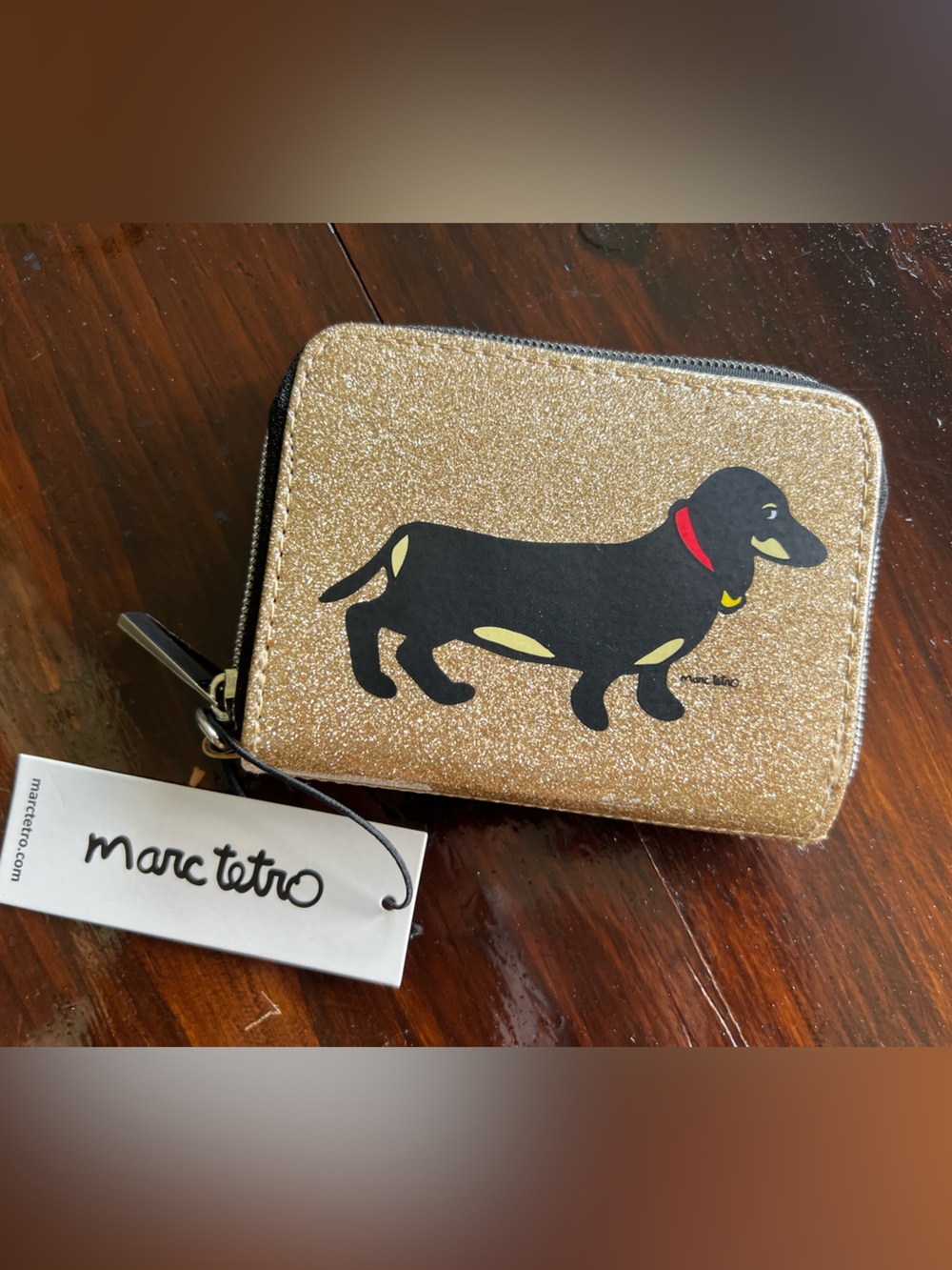Marc Tetro | NWT Gold Glitter Dachshund Small Zip Wallet